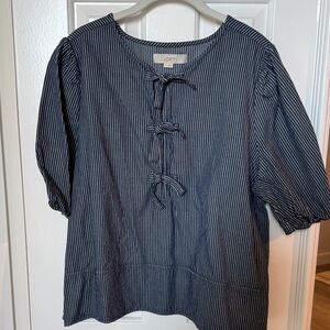 LOFT Navy Striped Blouse with Bow Accents XL